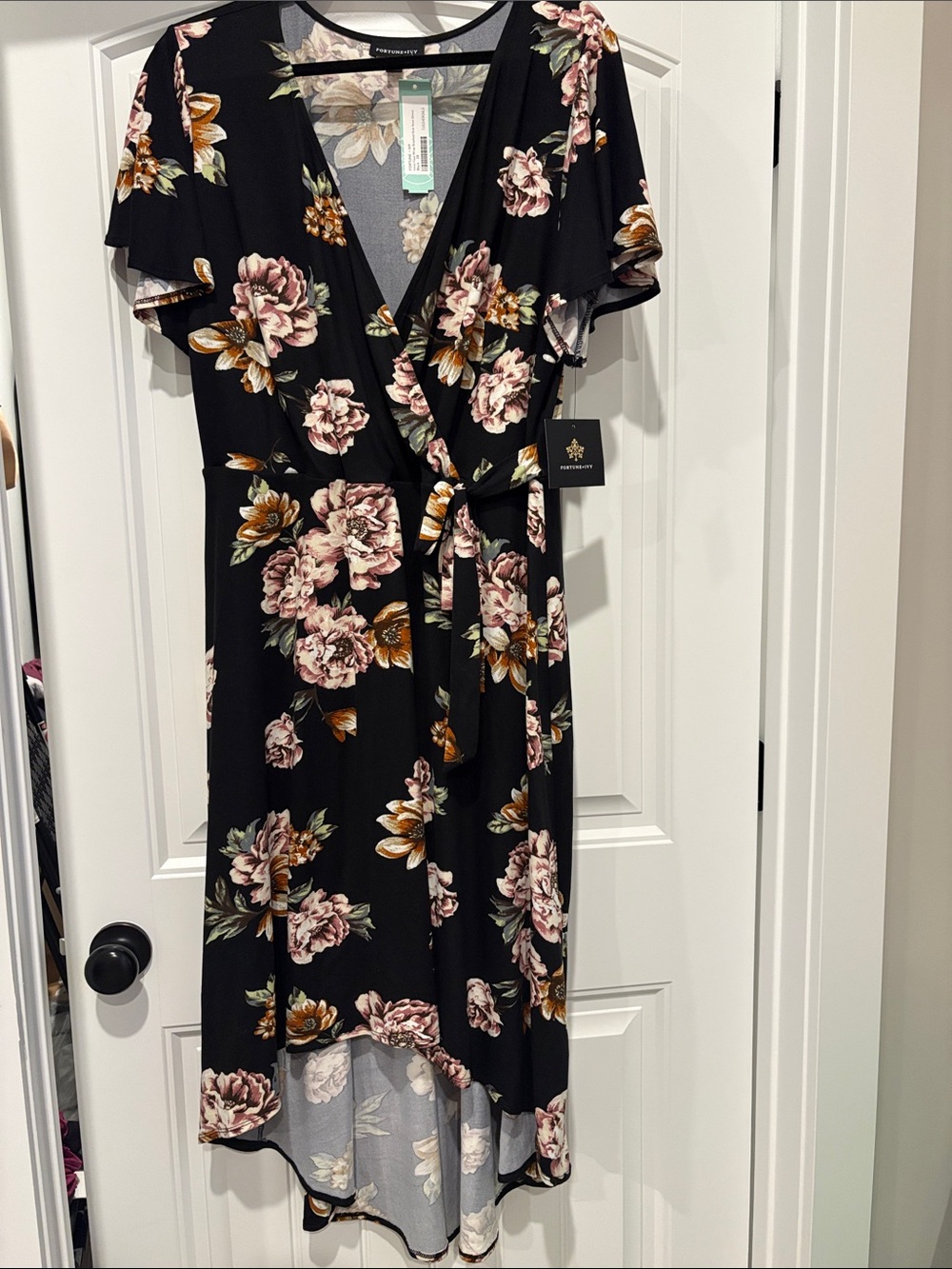 Floral High-Low Wrap Dress — Black with Pink & Tan Flowers